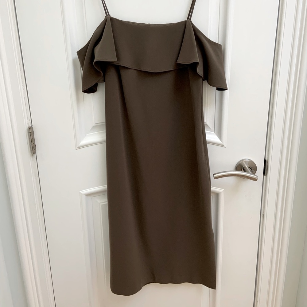 Theory off the shoulder olive green midi dress size 4